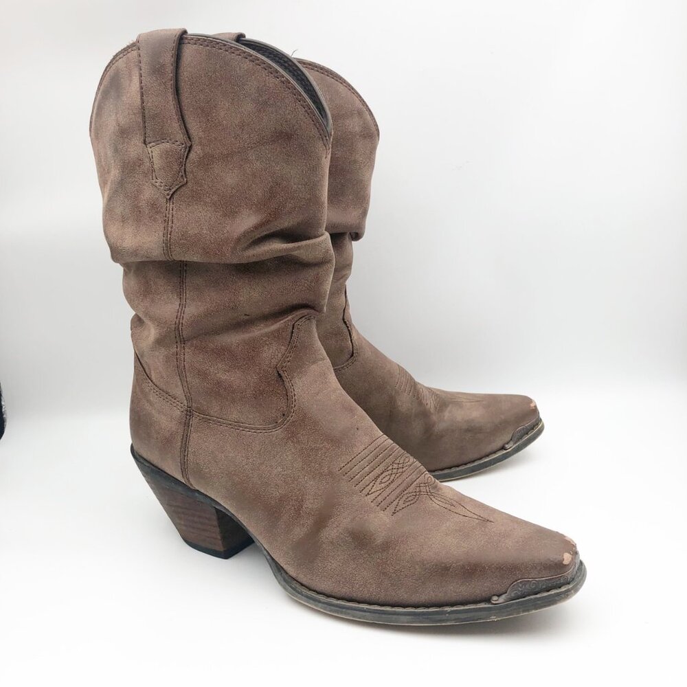 DURANGO Boots Womens 9 10" Distressed Tan Slouch Embroidered Western Cowboy Boot